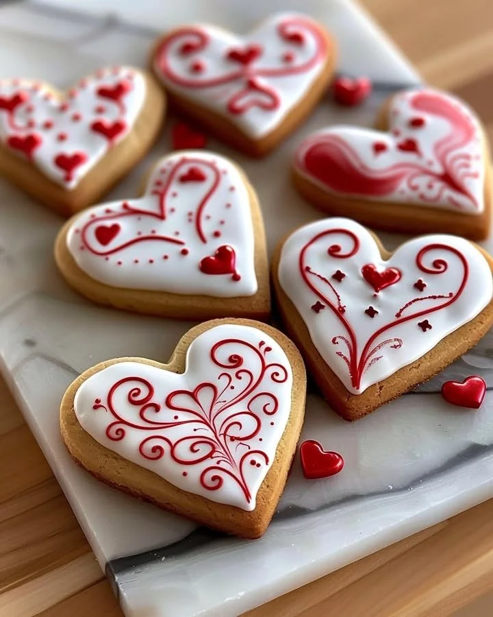 Beautifully decorated Valentine’s Day Royal Icing Cookies in heart shapes