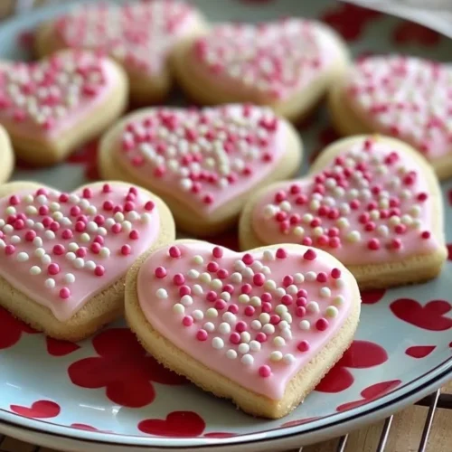 Colorful Valentine's Day sugar cookies decorated with hearts and sprinkles