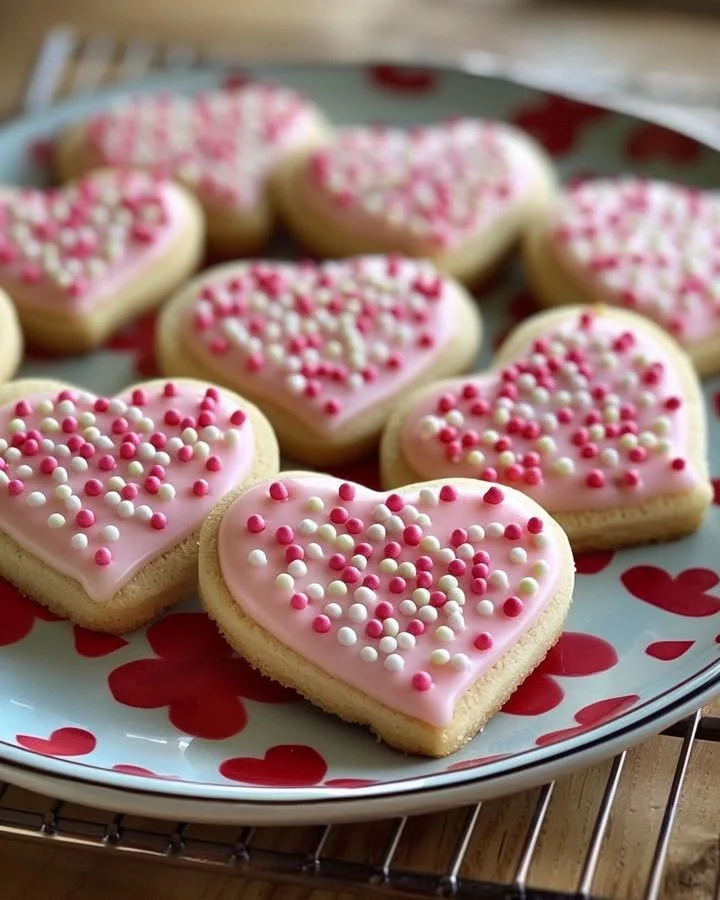 Colorful Valentine's Day sugar cookies decorated with hearts and sprinkles