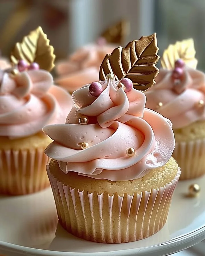 Vanilla cupcakes with blush pink buttercream frosting on a decorated table