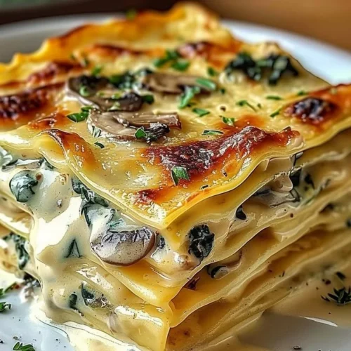 Vegetarian creamy spinach and mushroom lasagna served in a dish