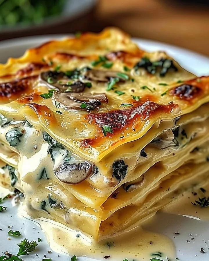 Vegetarian creamy spinach and mushroom lasagna served in a dish
