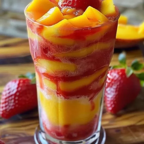 Vibrant Mango Strawberry Swirled Slushies in a glass with fresh fruit garnish