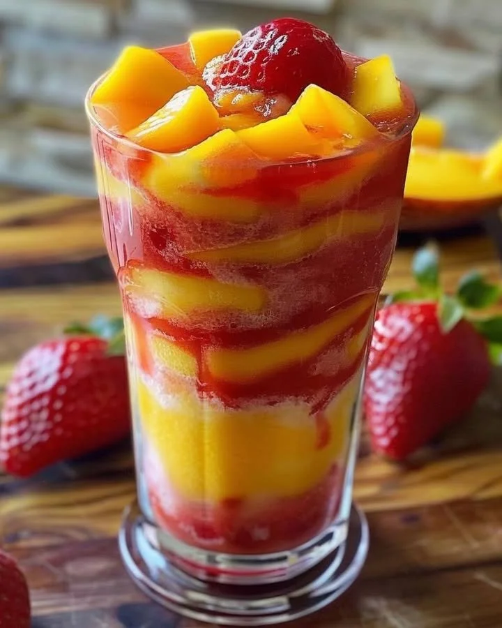 Vibrant Mango Strawberry Swirled Slushies in a glass with fresh fruit garnish