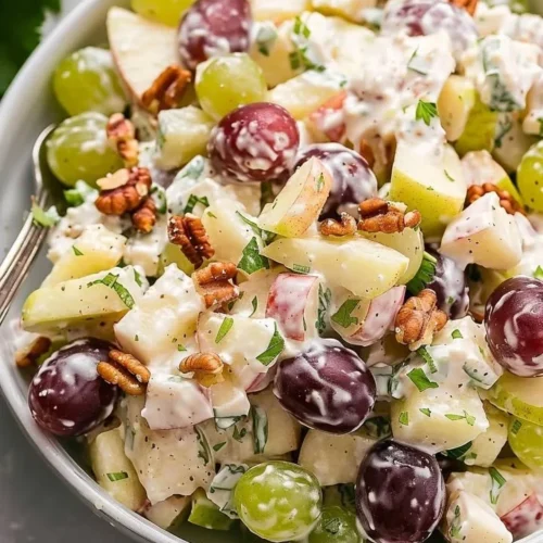 Delicious Waldorf Salad with apples, walnuts, and grapes in a creamy dressing.