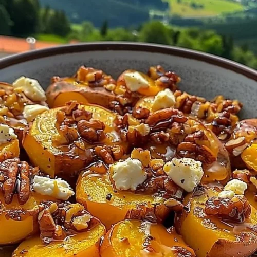 Baked walnut maple goat cheese roasted sweet potatoes on a plate