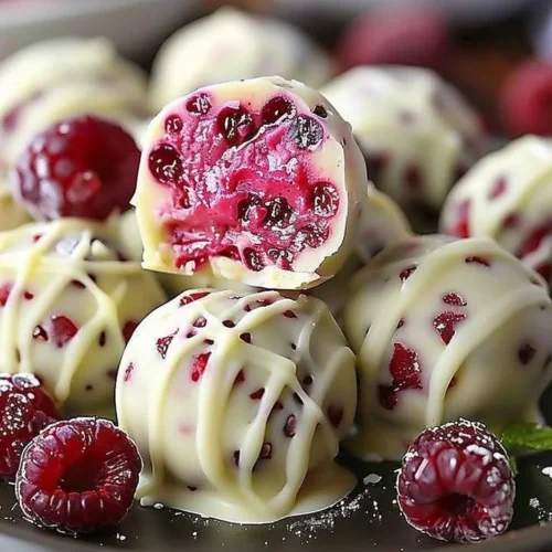 Delicious white chocolate raspberry cheesecake balls on a plate