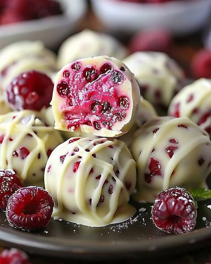 Delicious white chocolate raspberry cheesecake balls on a plate