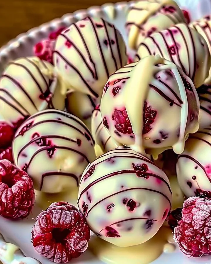 White chocolate raspberry cheesecake balls for a delicious dessert treat