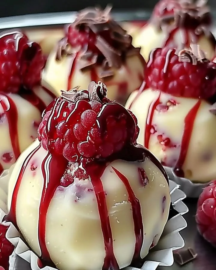 Delicious white chocolate raspberry cheesecake balls ready to enjoy.