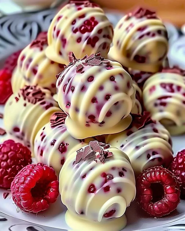 White chocolate raspberry cheesecake balls for a sweet treat