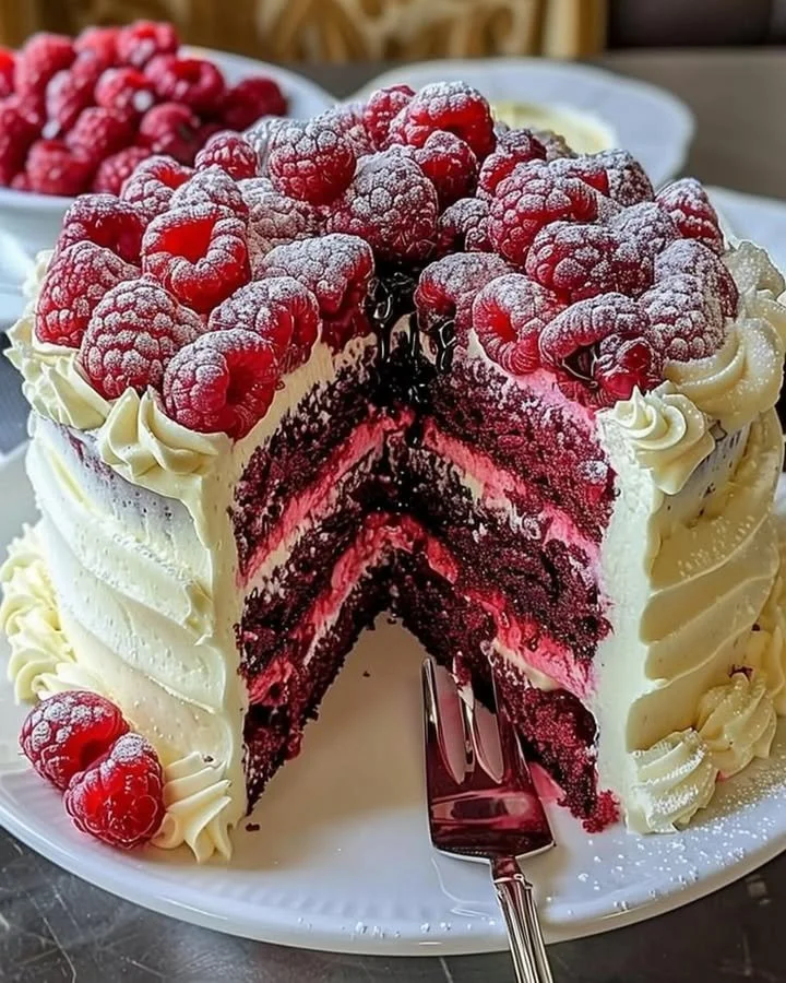Slice of White Chocolate Raspberry Dream Cake with fresh raspberries on top