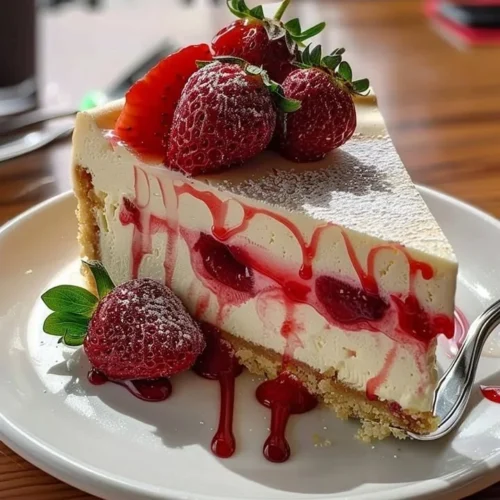 Delicious white chocolate strawberry cheesecake topped with fresh strawberries.
