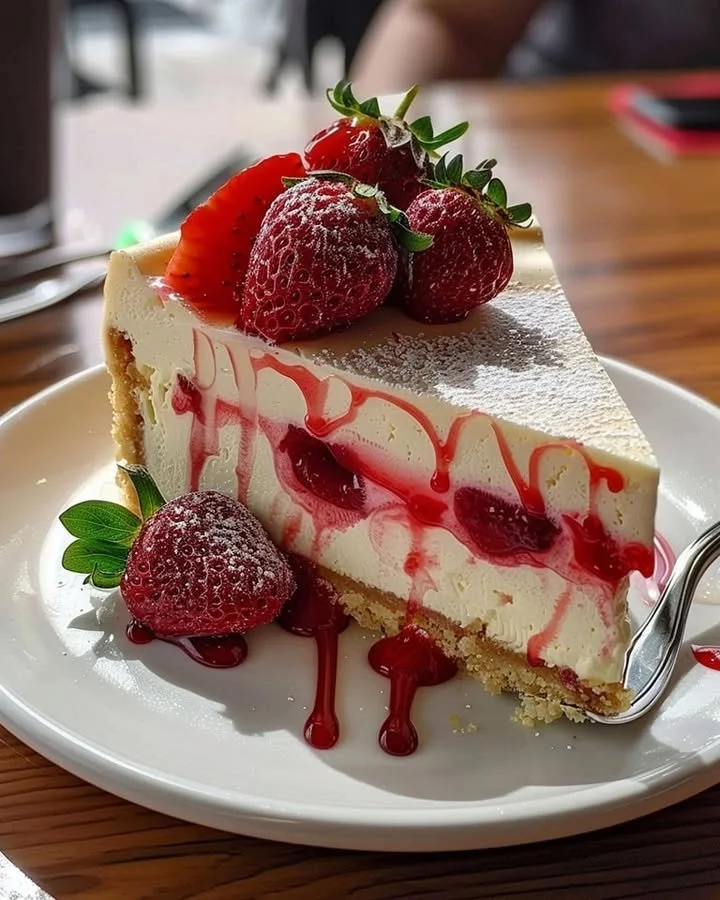 Delicious white chocolate strawberry cheesecake topped with fresh strawberries.