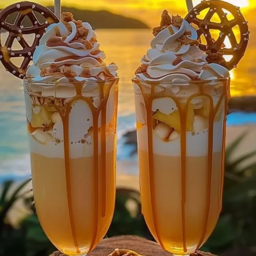 XOXO Caramel Colada drink with caramel and tropical garnishes