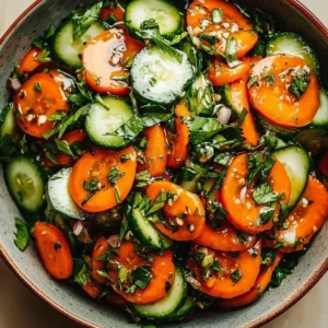 Fresh Zesty Cucumber Carrot Salad garnished with herbs and dressing