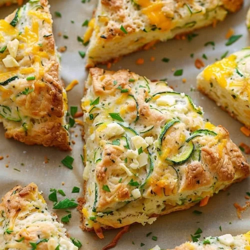 Savory zucchini cheddar scones on a wooden plate.
