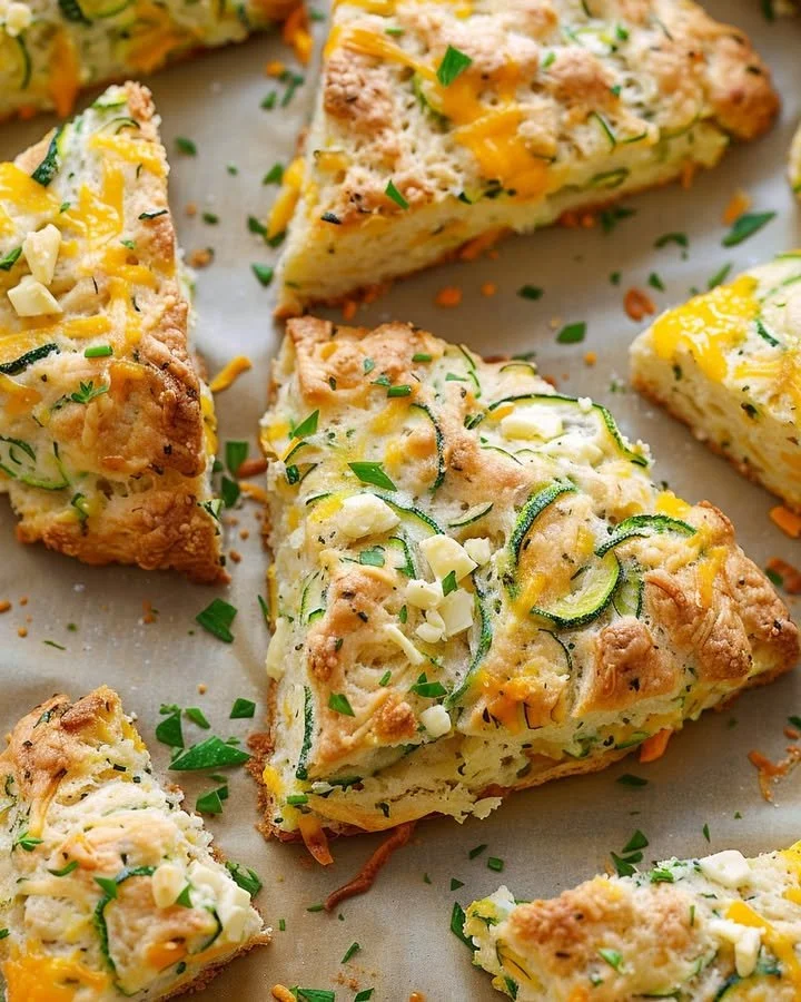 Savory zucchini cheddar scones on a wooden plate.