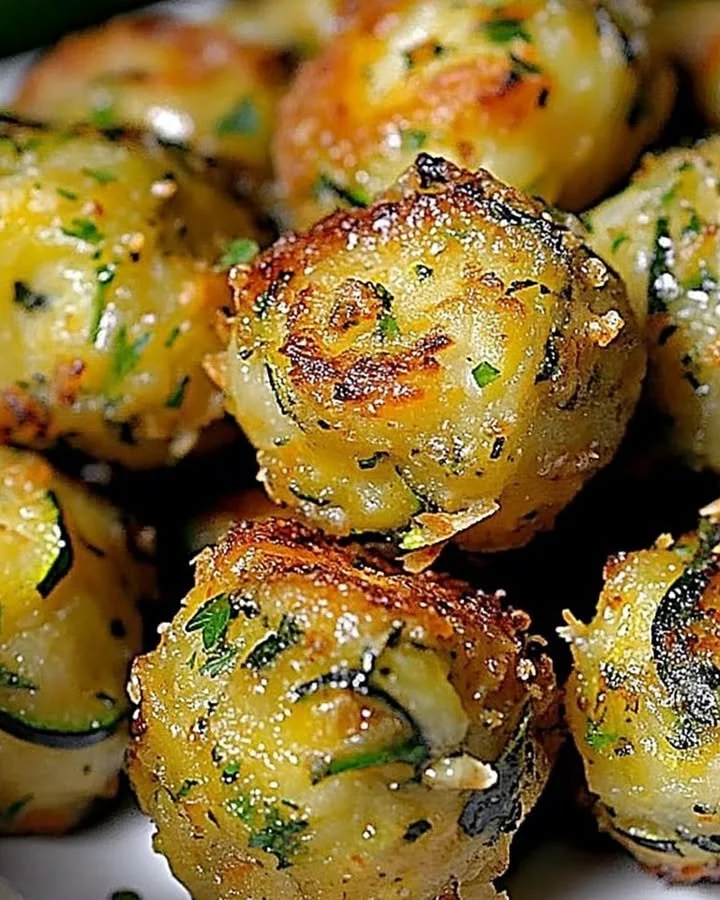Baked Zucchini Garlic Bites served on a plate with fresh herbs