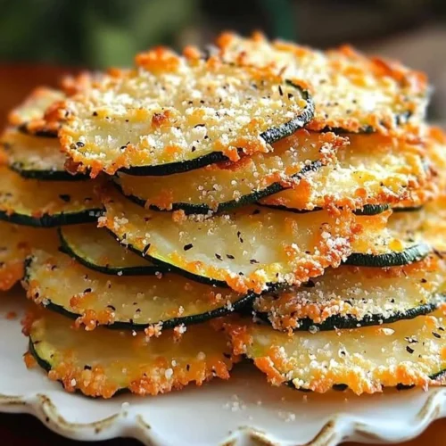 Baked zucchini parmesan crisps with a golden crust and herbs on a plate